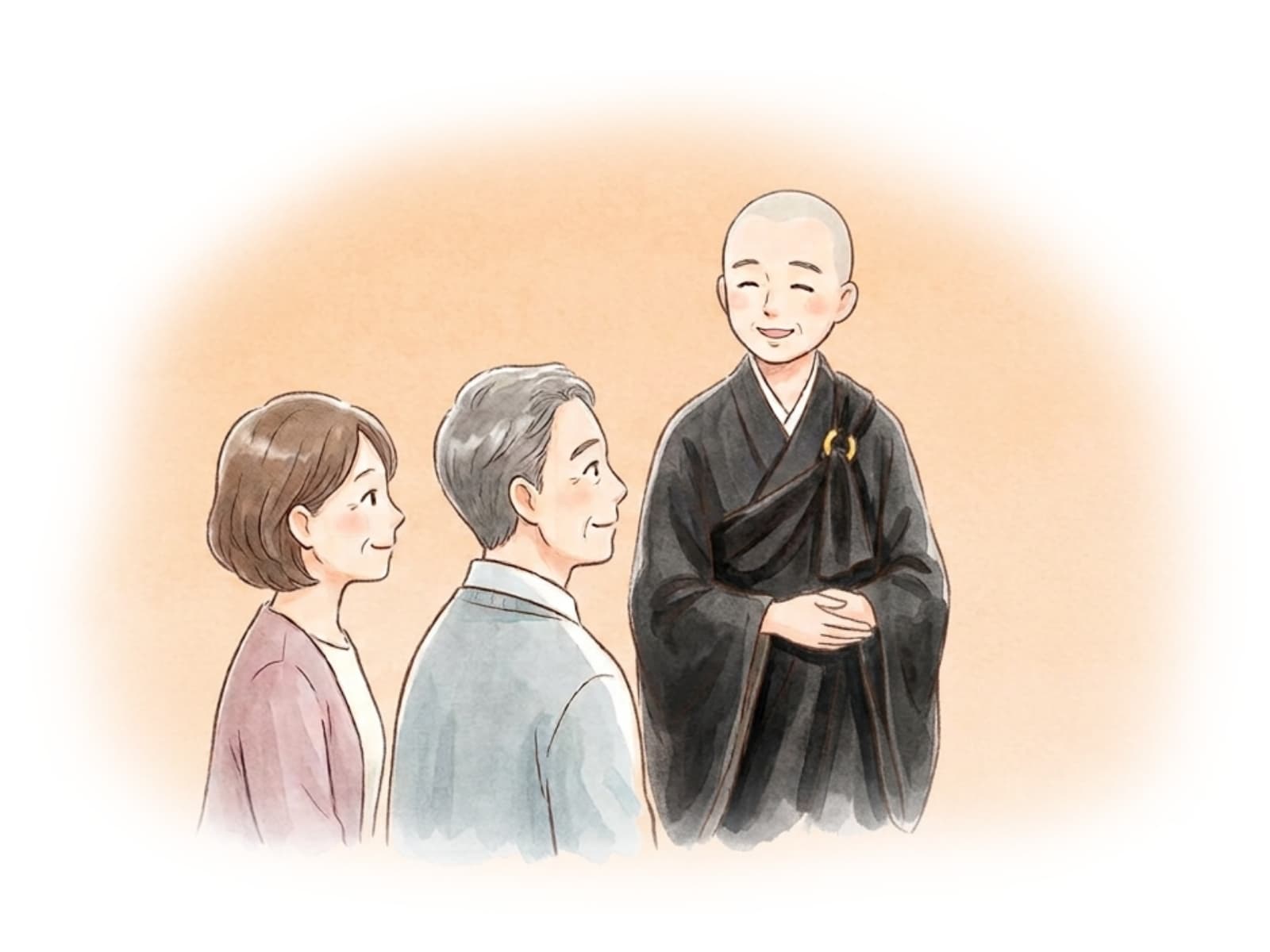 ご夫婦が住職様へ質問している様子のイラスト