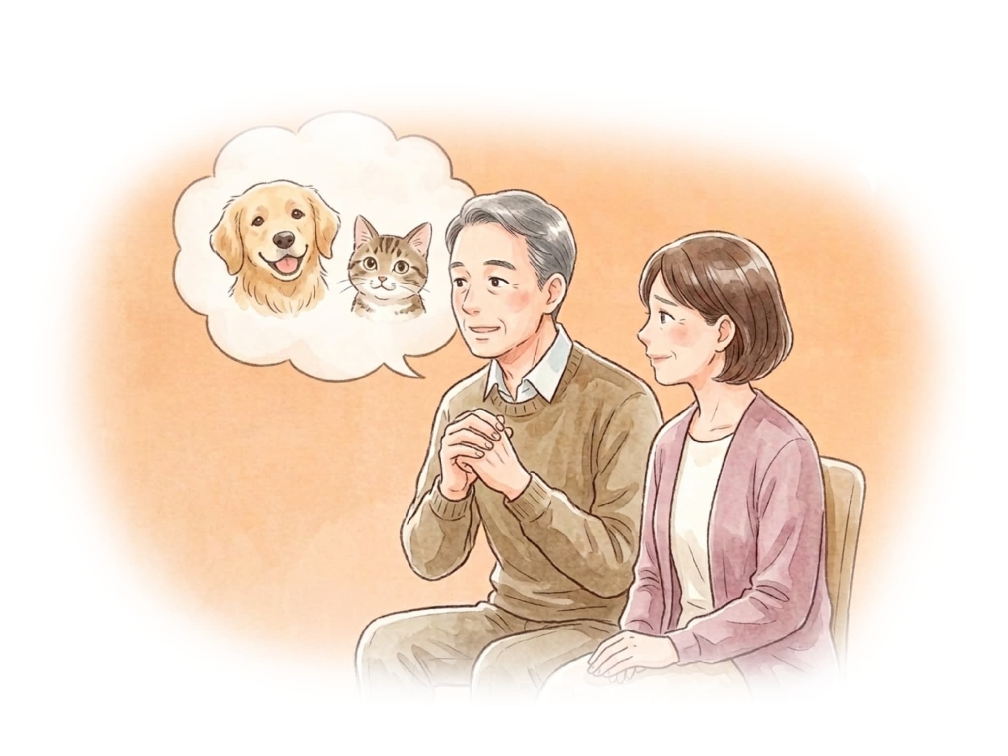 ご夫婦がペットを思いながら質問しているイラスト
