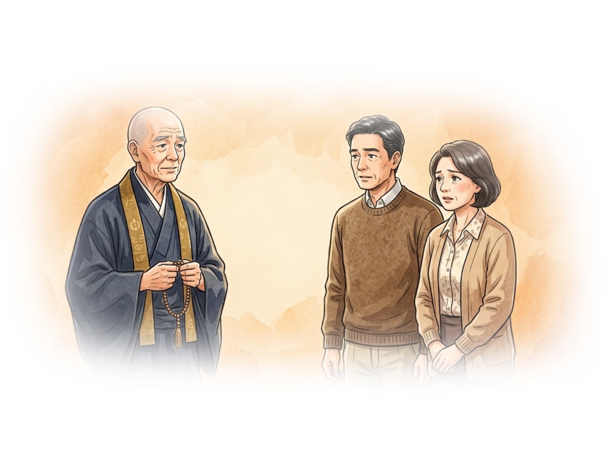 ご夫婦が他のお寺の住職様へ相談している様子のイラスト
